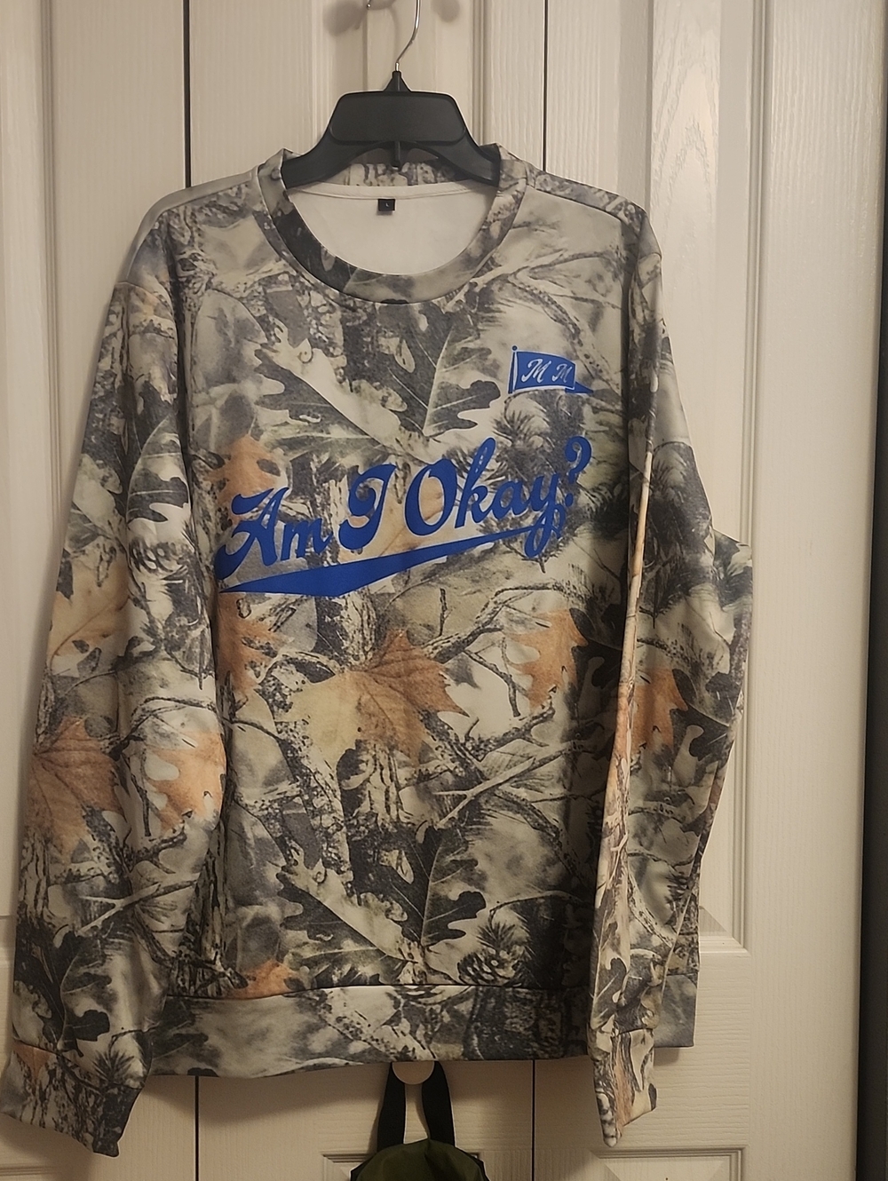 Am I Okay? Graphic Camouflage Crewneck Sweatshirt - Blue Print